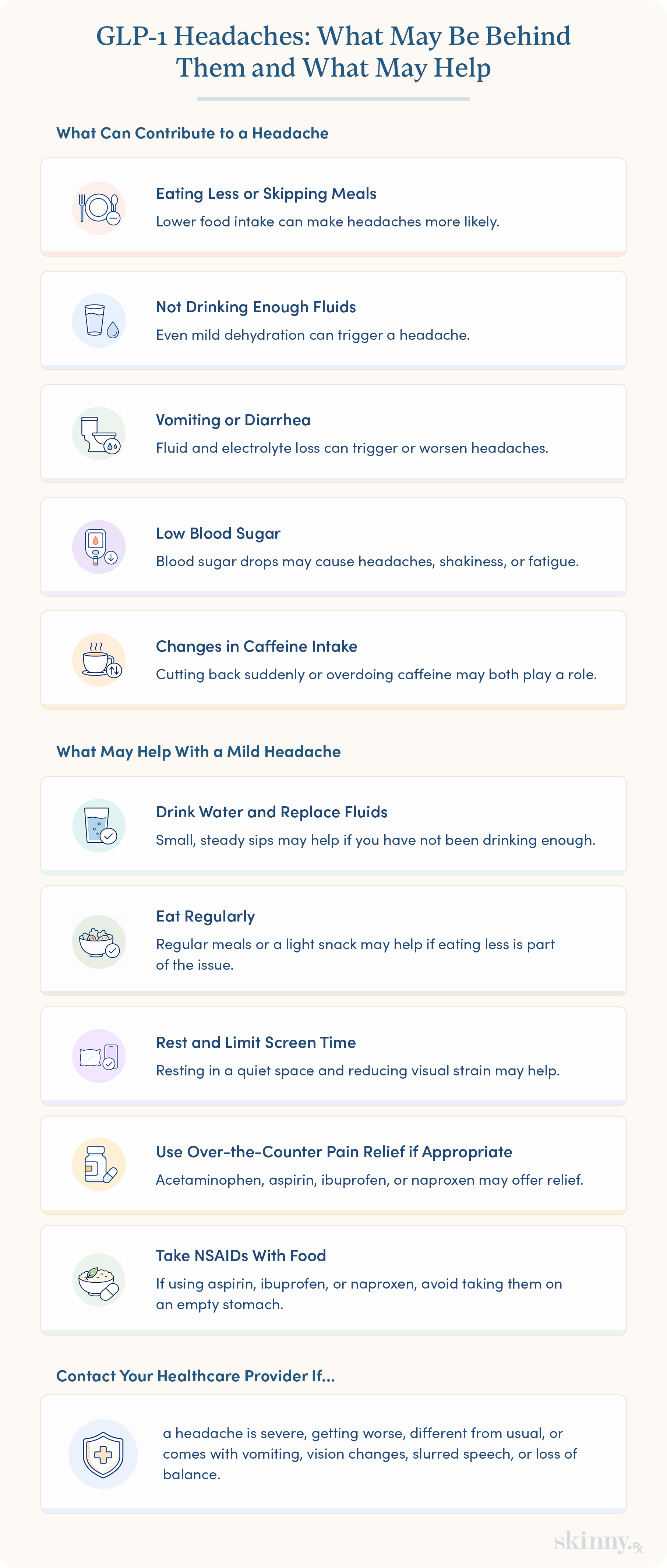 Infographic showing common causes of headaches while taking semaglutide, ways to relieve mild headaches, and signs that warrant contacting a healthcare provider.