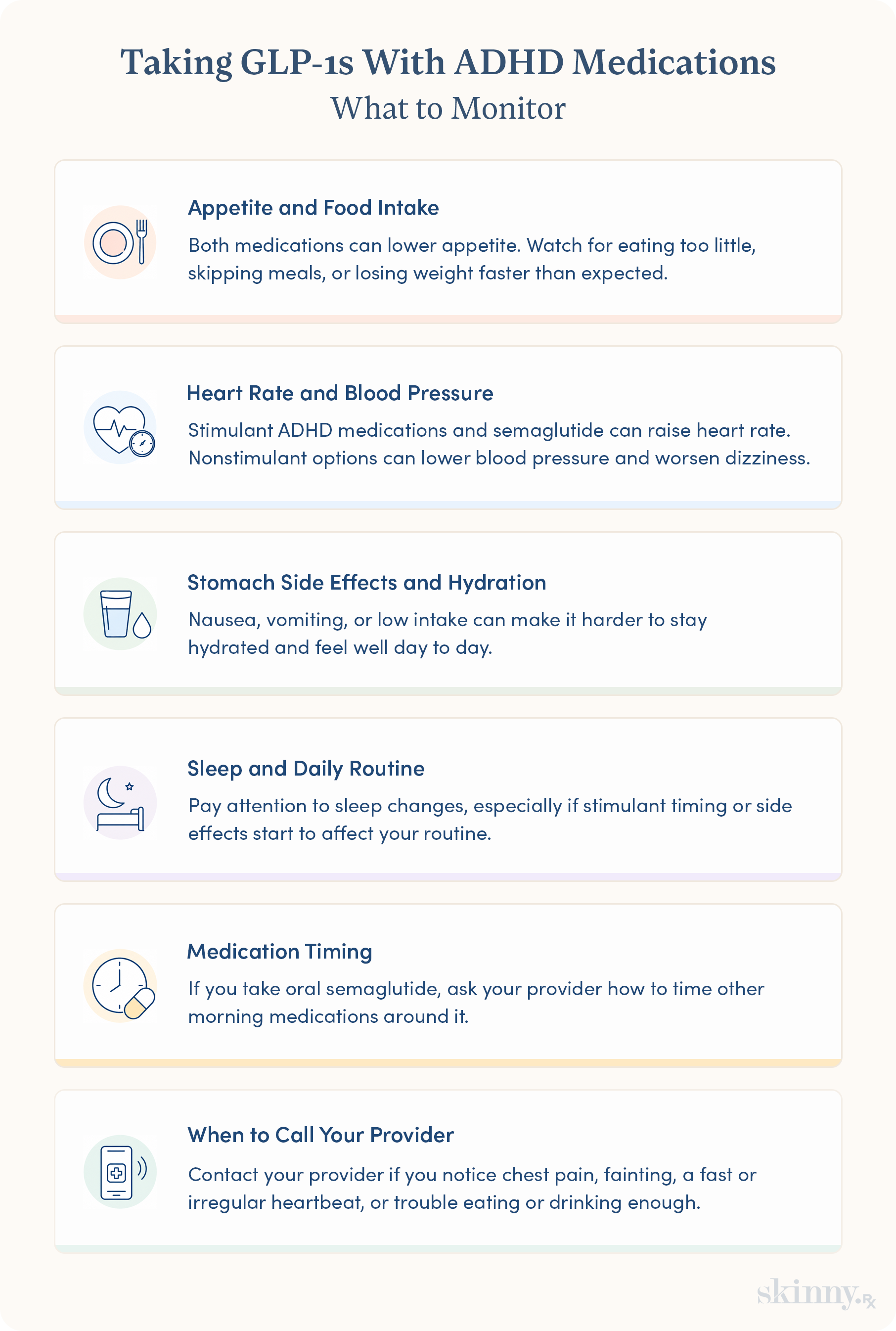 Infographic listing six things to monitor when taking GLP-1s with ADHD medications, including appetite, heart rate, sleep, and medication timing.