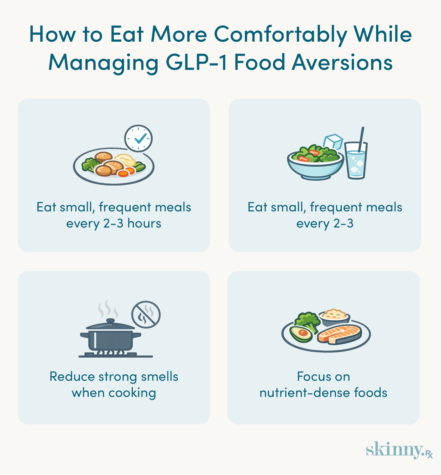 GLP-1 food aversion tips infographic showing smaller frequent meals, cold foods, reducing cooking smells, and choosing nutrient-dense foods for better nutrition and tolerance.
