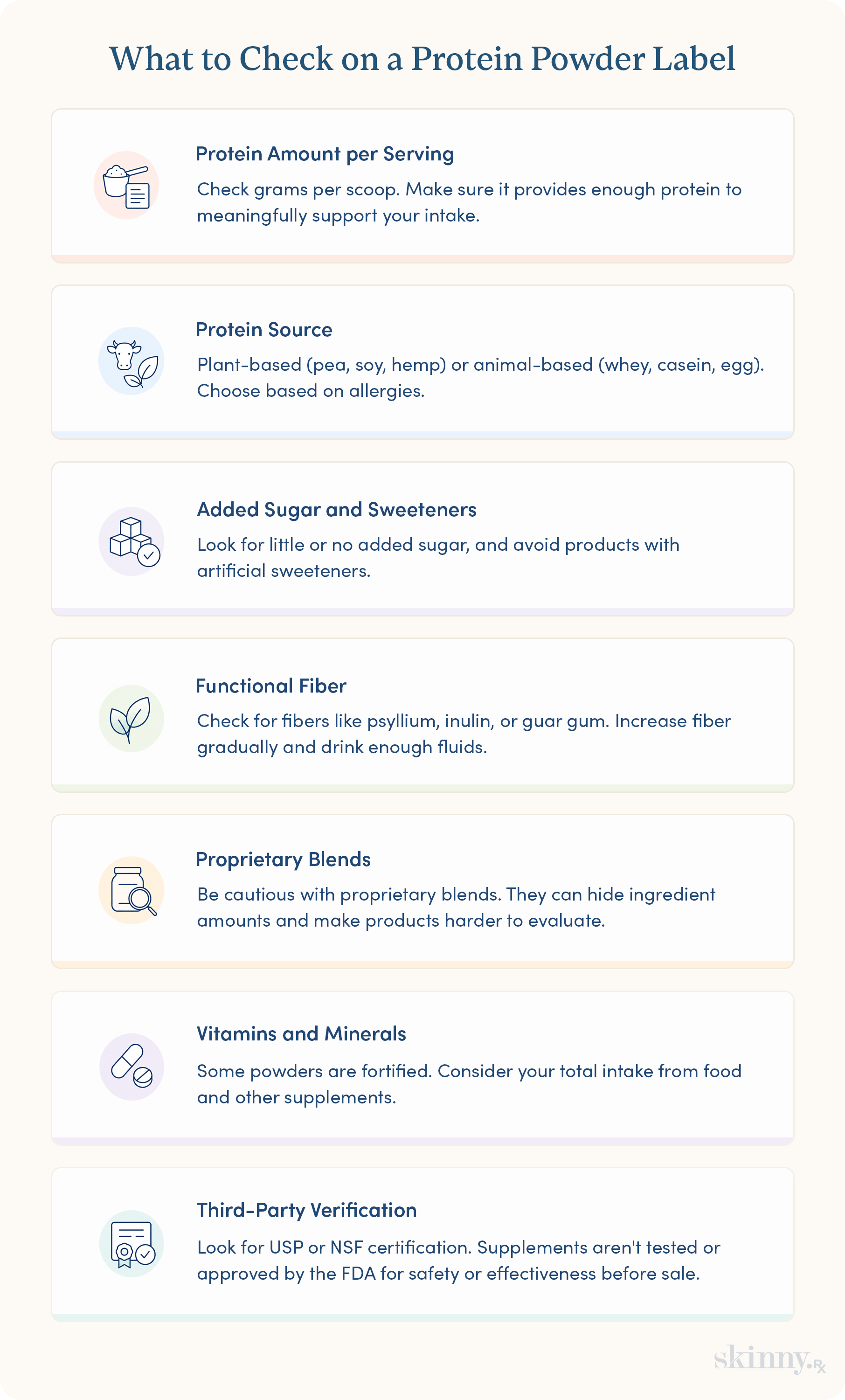 A step-by-step infographic guide to reading protein powder labels, from checking protein source and added sugar to spotting proprietary blends and third-party certification.