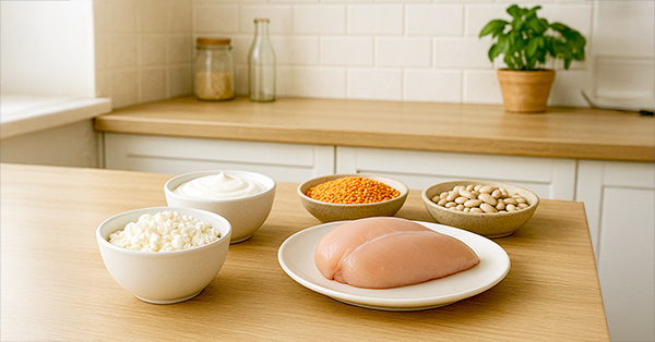 Chicken breast, cottage cheese, greek yogurt, beans and lentils placed on a kitchen island in a contemporary design