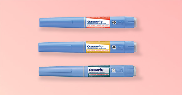 Three Ozempic® Blue Pens displayed on gradient background