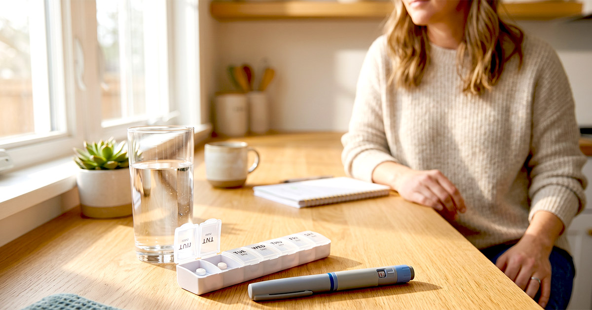 A t kitchen counter with GLP-1 pens and medications