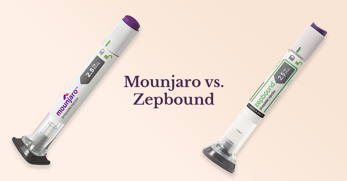 An image of a Mounjaro injection pen next to a Zepbound injection pen.
