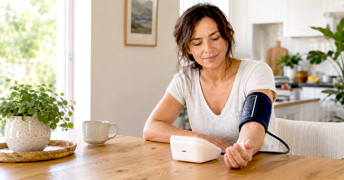 A woman measuring her blood pressure on the kitchen table using at-home-blood-pressure kit.