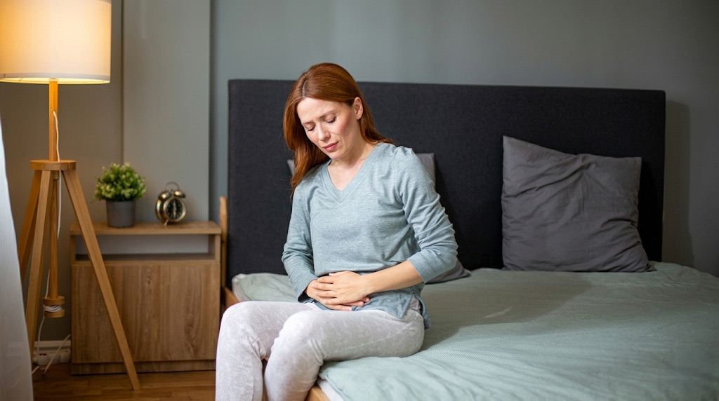 Woman sitting on a bed holding her stomach with abdominal pain.