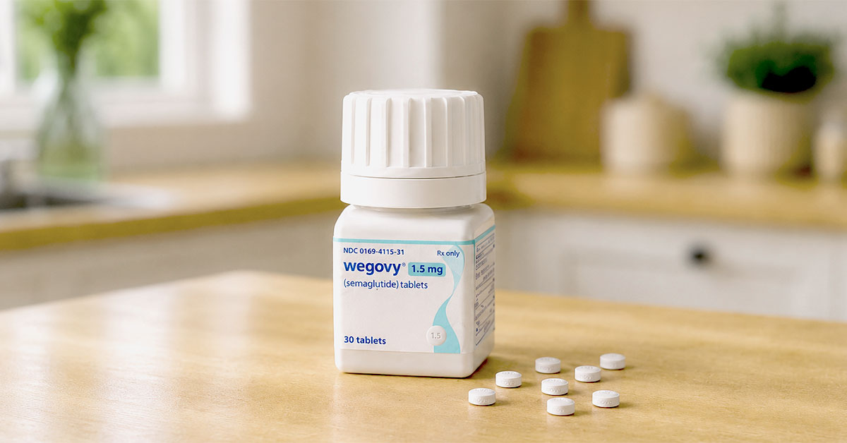 Wegovy pill bottle and white pills next to it placed on a kitchen countertop. 
