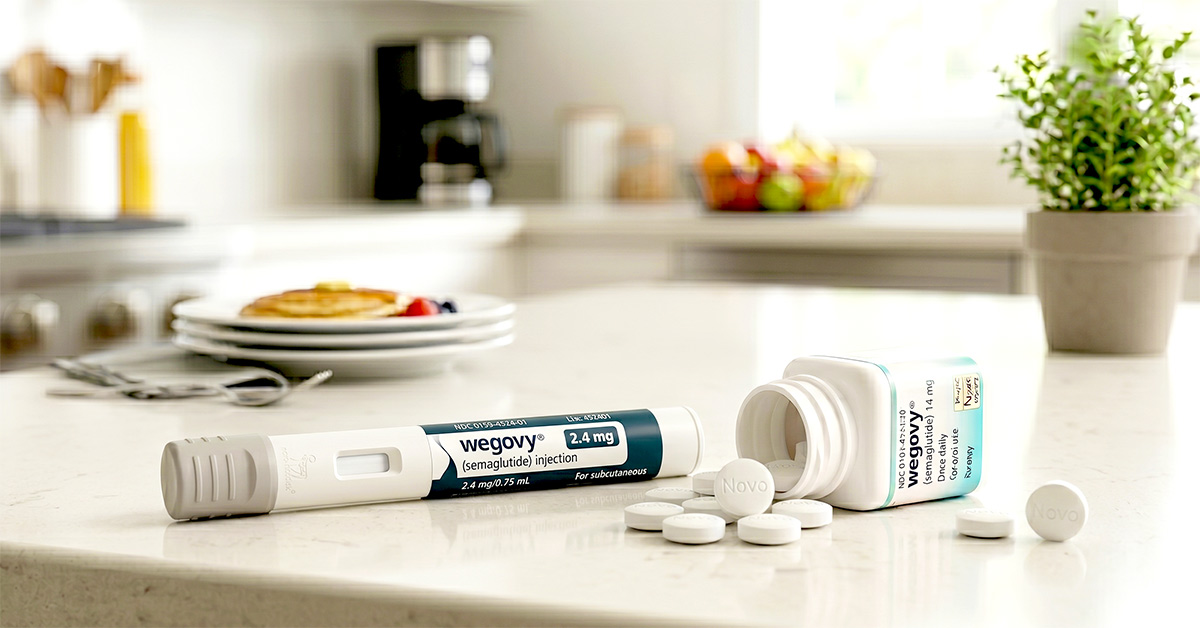 A Wegovy injection pen and Wegovy Pills placed together on a countertop in the kitchen